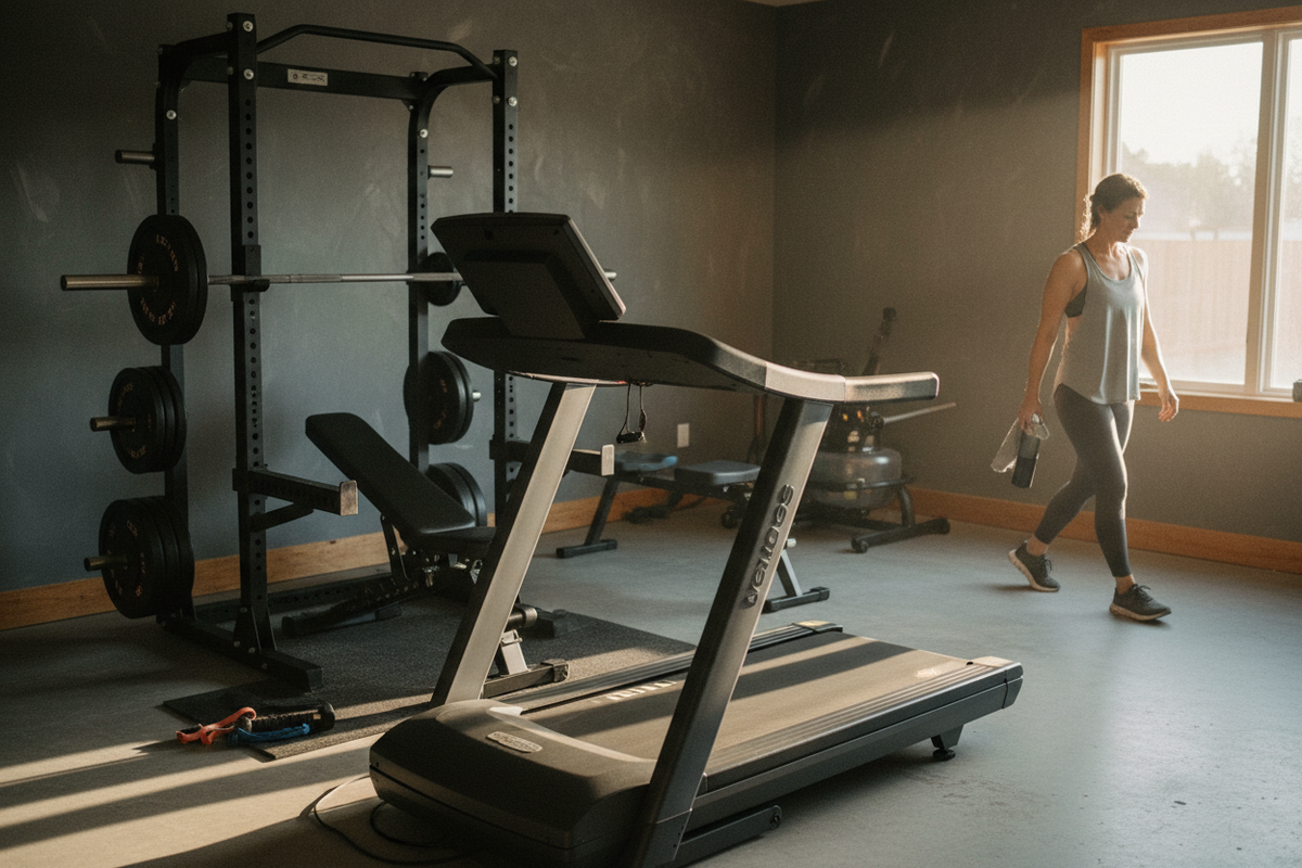 Photorealistic home gym with a treadmill, Olympic barbell, adjustable dumbbells, rowing machine, and an adult finishing a workout
