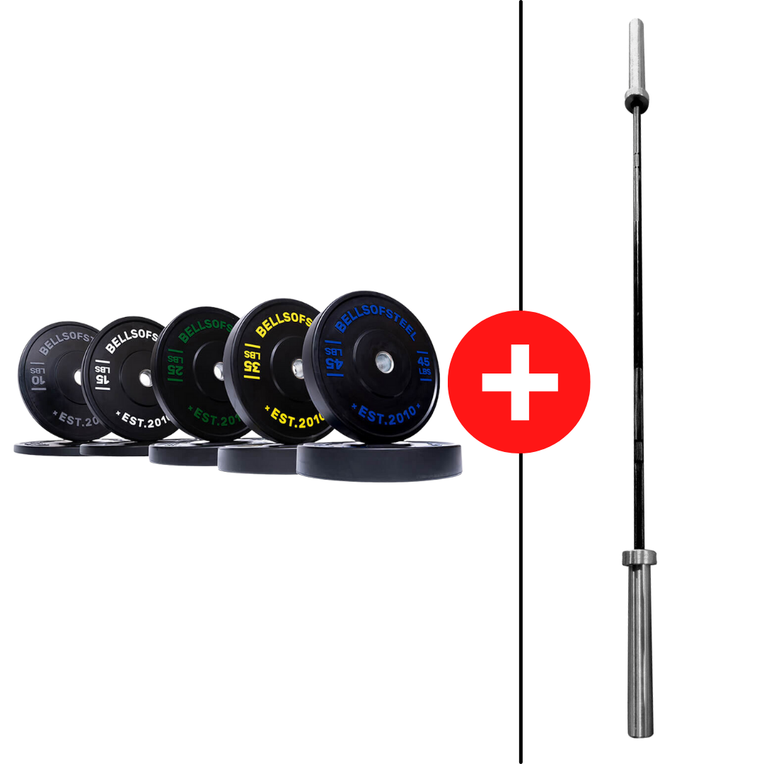 Essentials Bumper Plate Barbell Packages 260lbs-with-Commercial-Women-s-15kg-35lb-Barbell