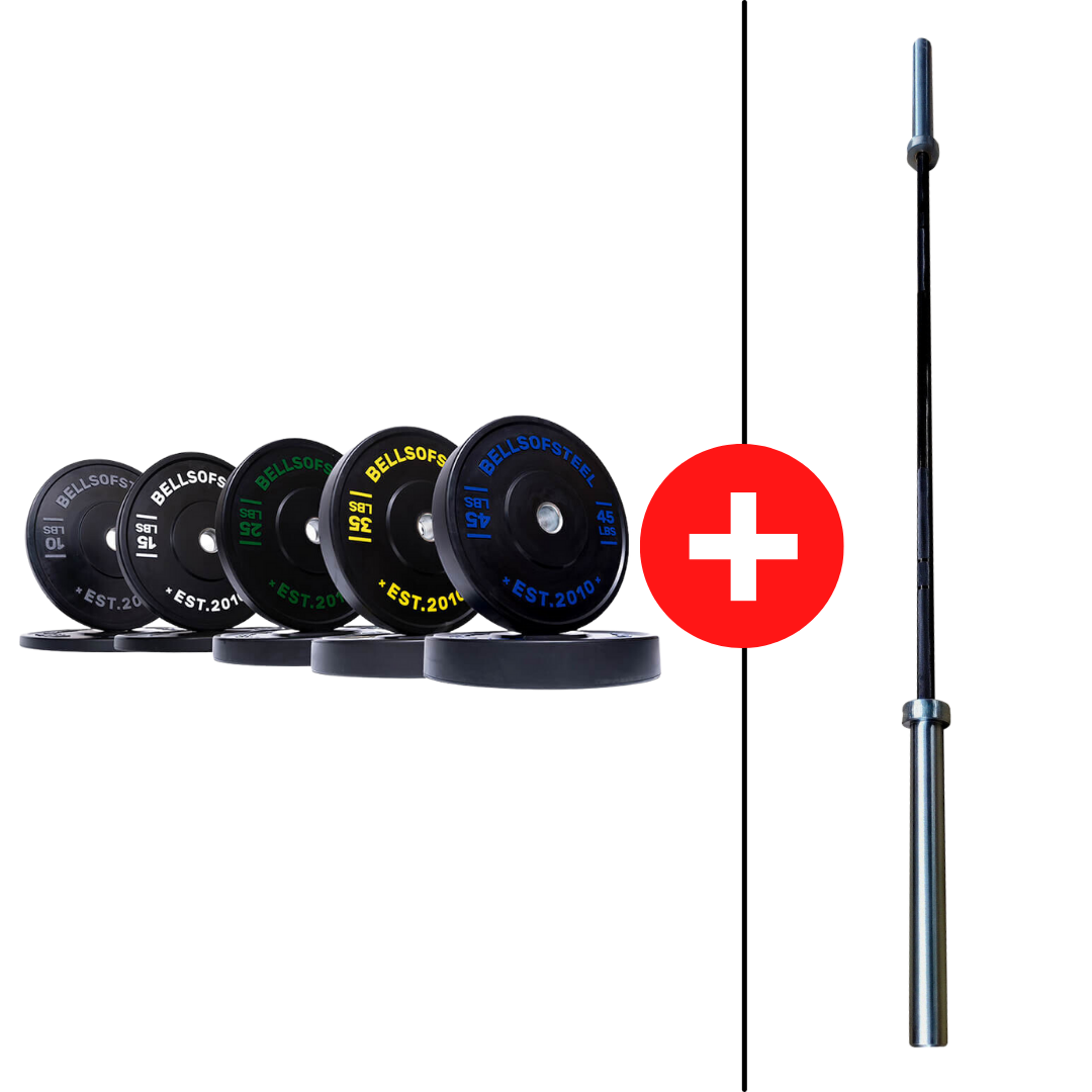 Essentials Bumper Plate Barbell Packages 260lbs-with-NEW-Commercial-20kg-45lb-Barbell