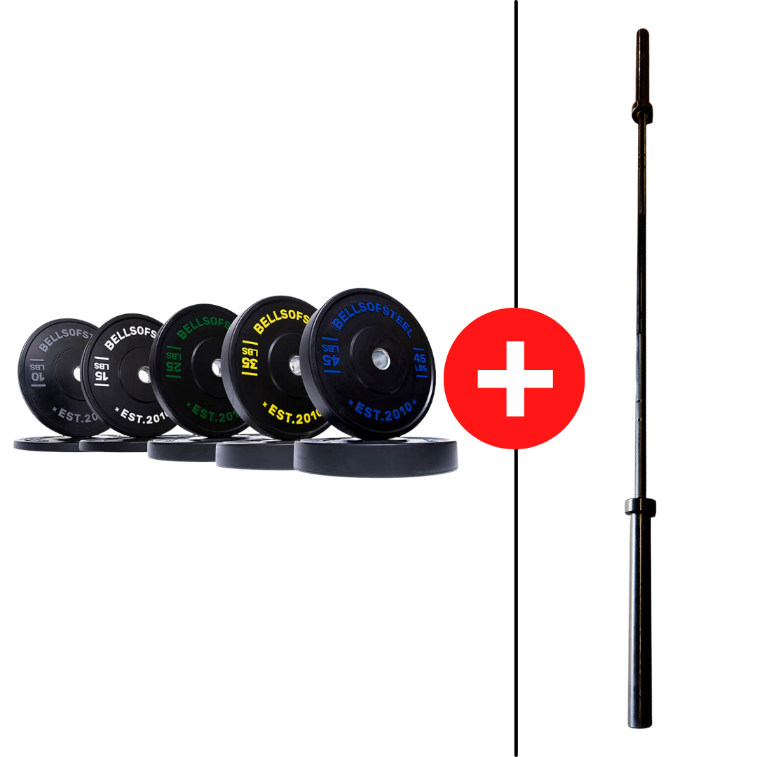 Essentials Bumper Plate Barbell Packages 260lbs-with-NEW-Midwest-Power-Bar-Blem-45lb-Barbel