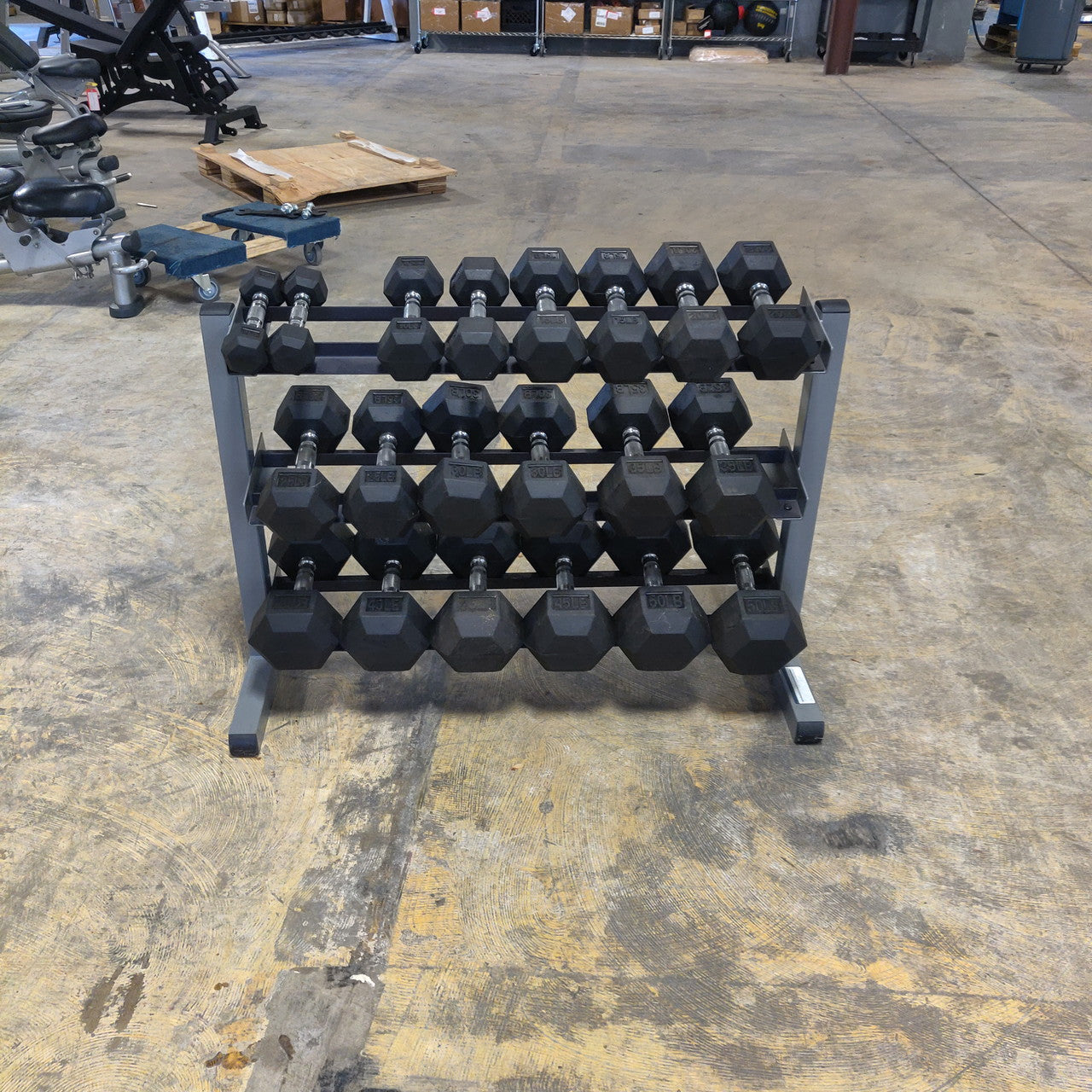 5–50 lb Rubber Hex Dumbbell Set w/ Three-Tier Dumbbell Rack