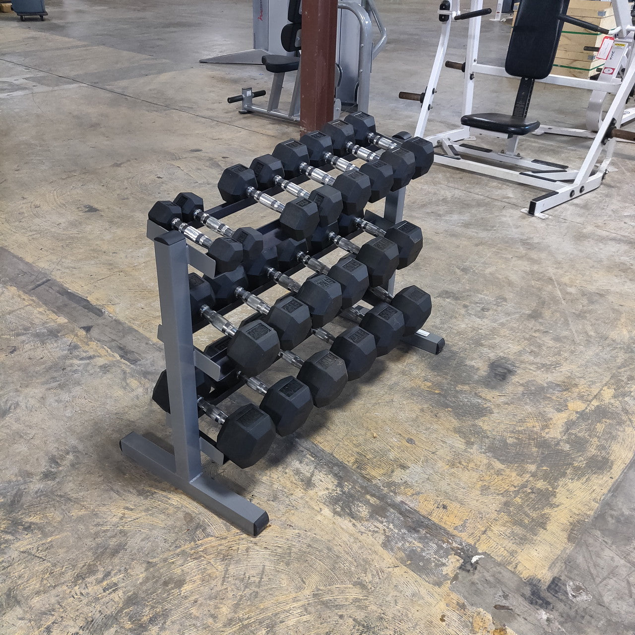 5–50 lb Rubber Hex Dumbbell Set w/ Three-Tier Dumbbell Rack