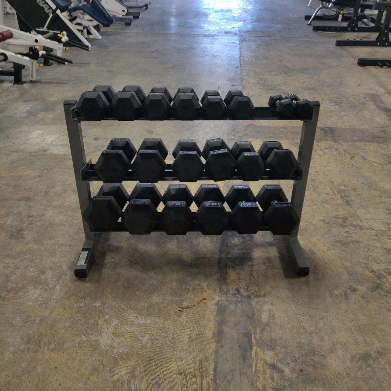 5–50 lb Rubber Hex Dumbbell Set w/ Three-Tier Dumbbell Rack