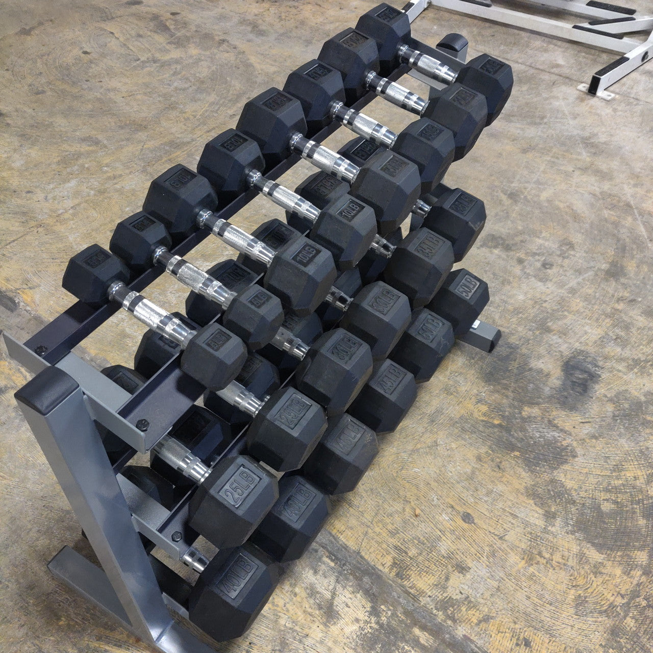 5–50 lb Rubber Hex Dumbbell Set w/ Three-Tier Dumbbell Rack