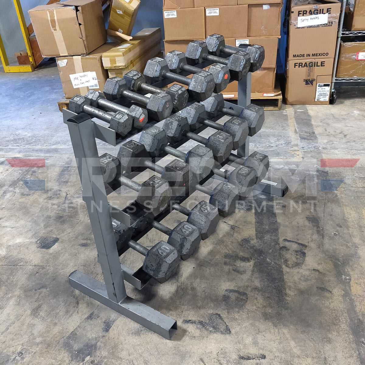 5–50 lb Steel Hex Dumbbell Set w/ Storage Rack (Need Dims)