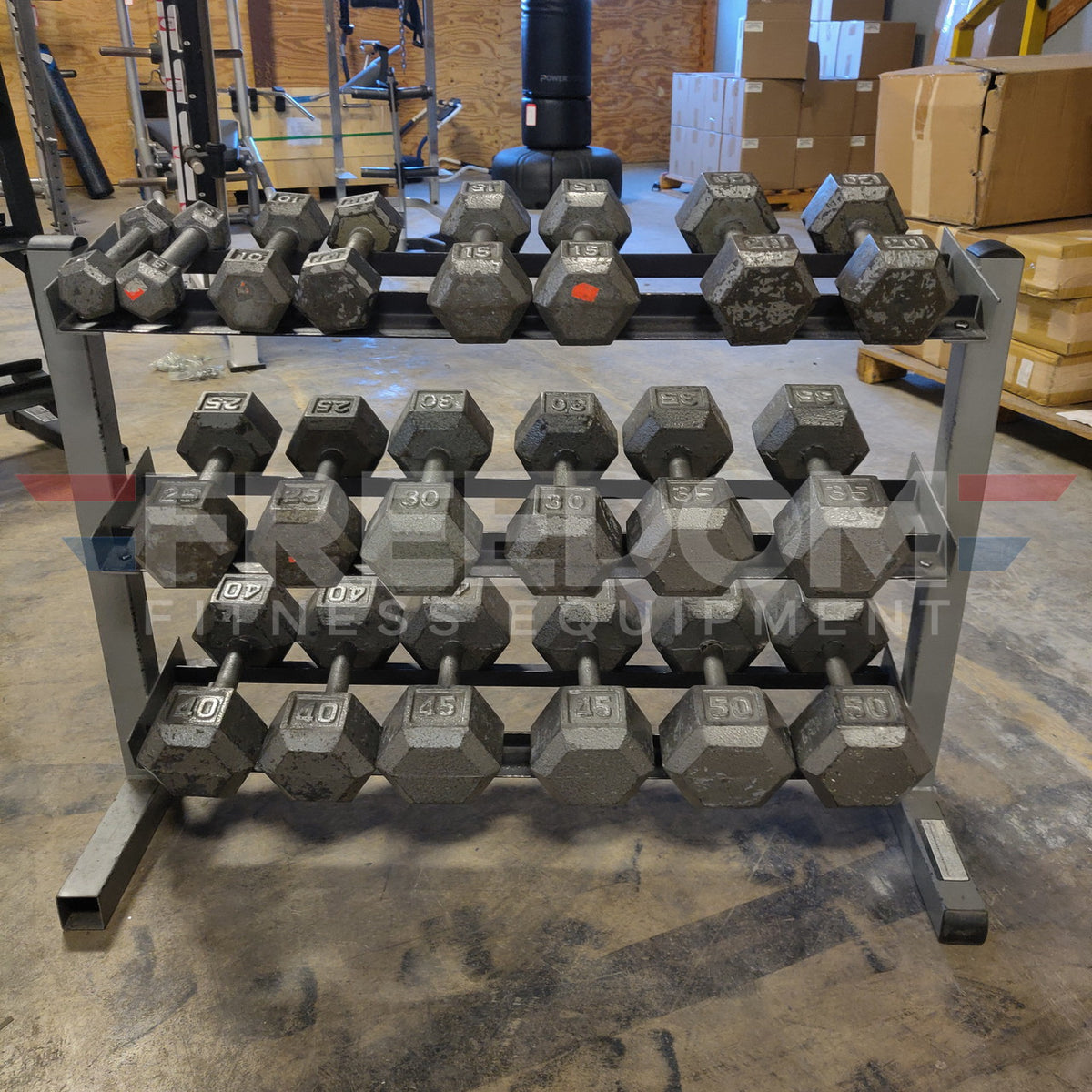 5–50 lb Steel Hex Dumbbell Set w/ Storage Rack (Need Dims)