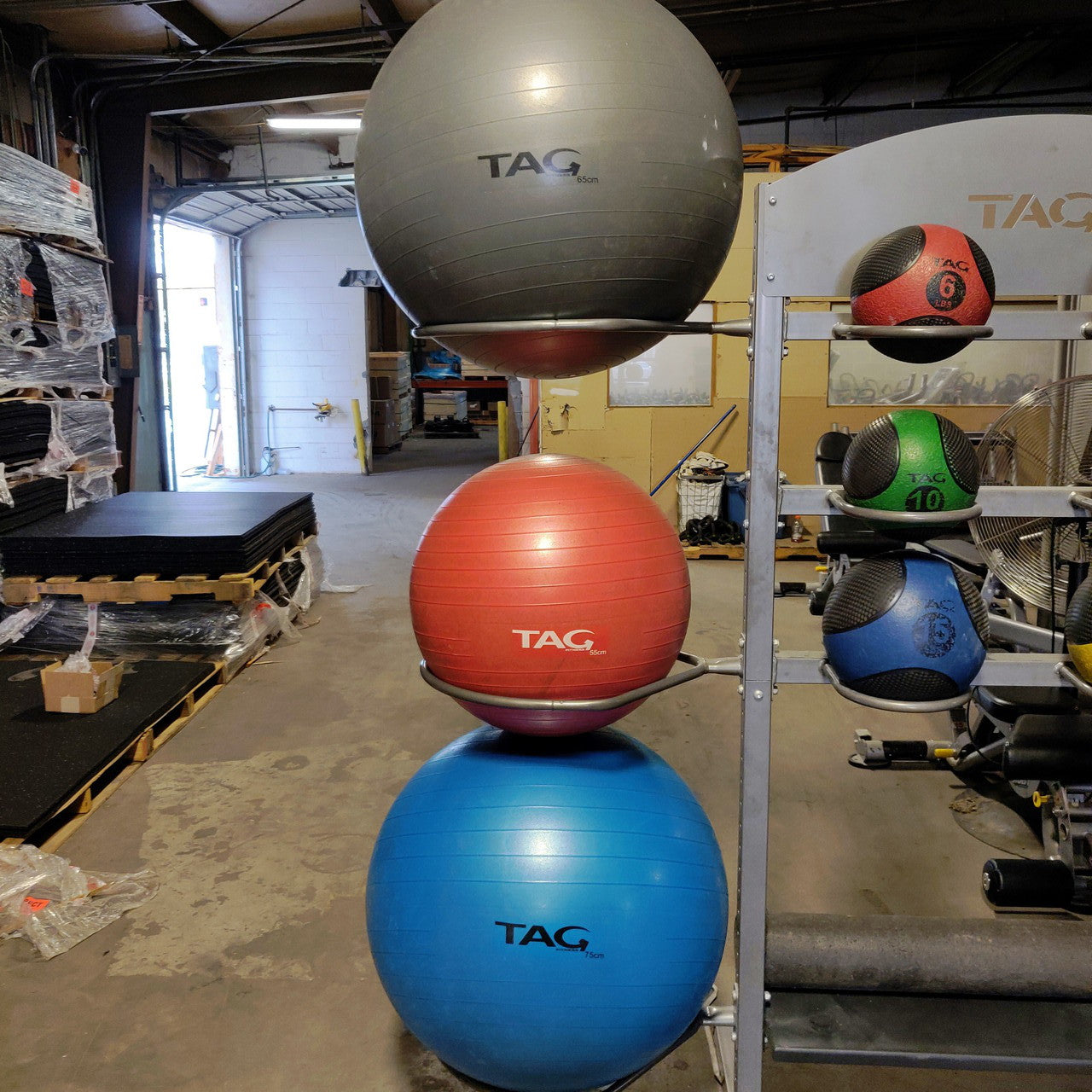 TAG Fitness Versa Accessory Tower Rack with Balance Balls, Medicine Balls, Mats, Rollers