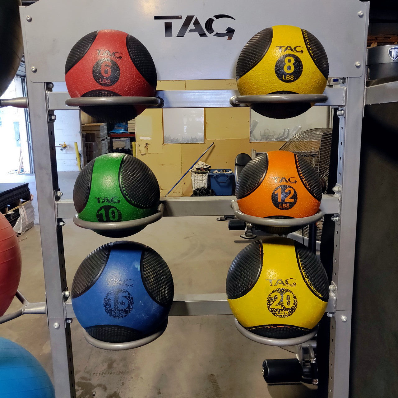 TAG Fitness Versa Accessory Tower Rack with Balance Balls, Medicine Balls, Mats, Rollers