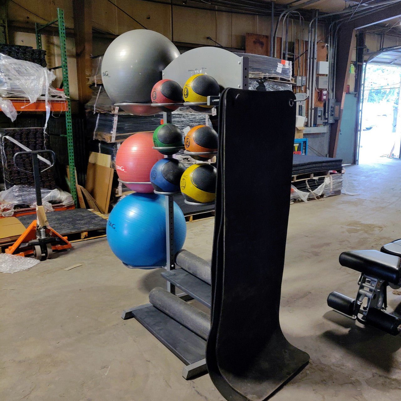 TAG Fitness Versa Accessory Tower Rack with Balance Balls, Medicine Balls, Mats, Rollers