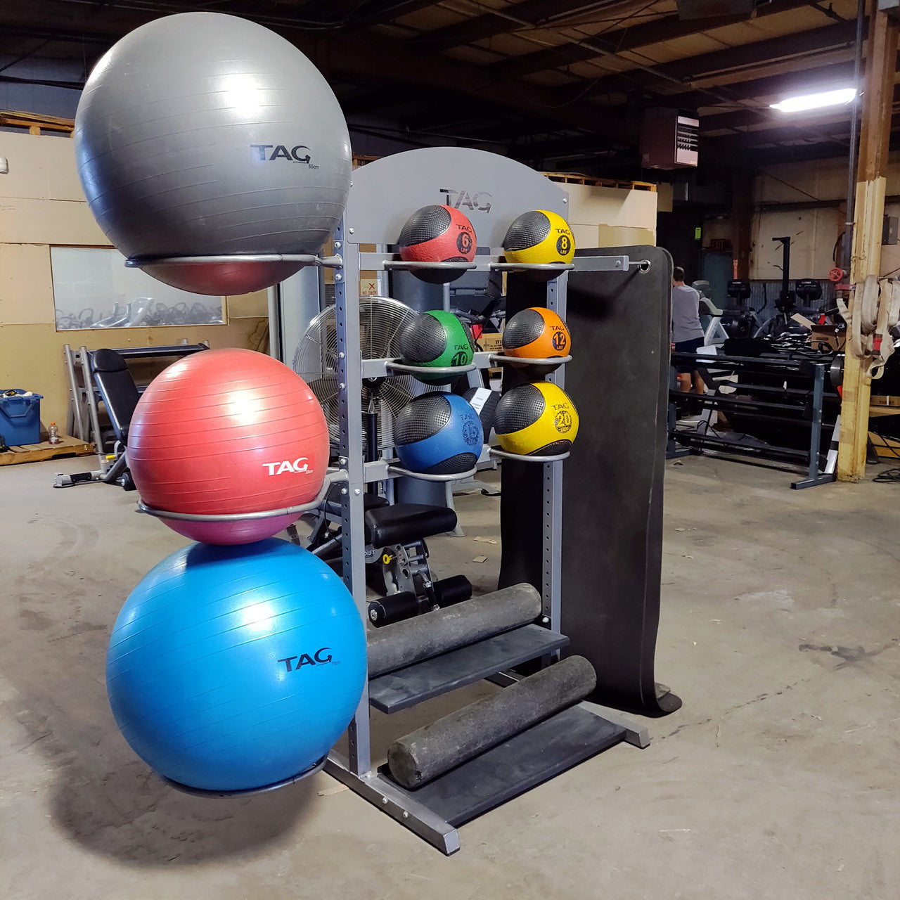 TAG Fitness Versa Accessory Tower Rack with Balance Balls, Medicine Balls, Mats, Rollers