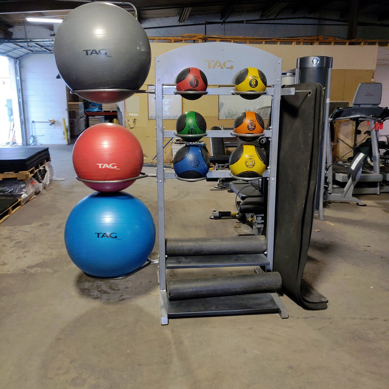 TAG Fitness Versa Accessory Tower Rack with Balance Balls, Medicine Balls, Mats, Rollers