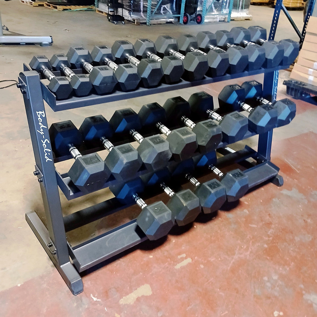 Used Rubber Hex Dumbbells HEAVY DUTY Commercial Grade 5-60 Set WITH 3 tier Rack