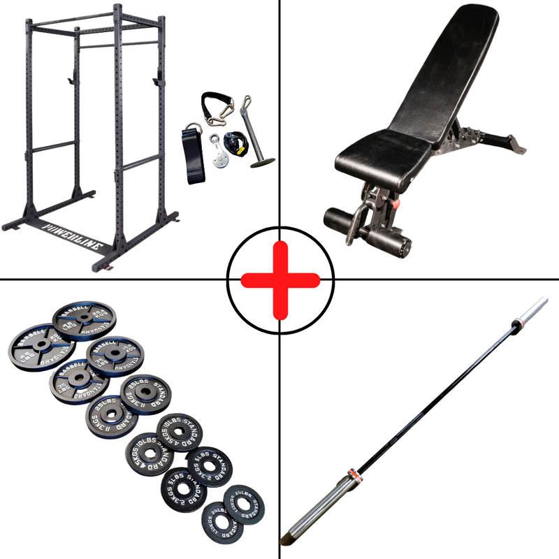 Complete Olympic Plate Home Gym Package + Pulley with-NEW-Commercial-15kg-35lb-Barbell
