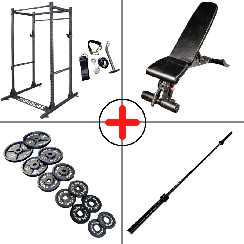 Complete Olympic Plate Home Gym Package + Pulley with-NEW-Midwest-Power-Bar-Blem-45lb-Barbell