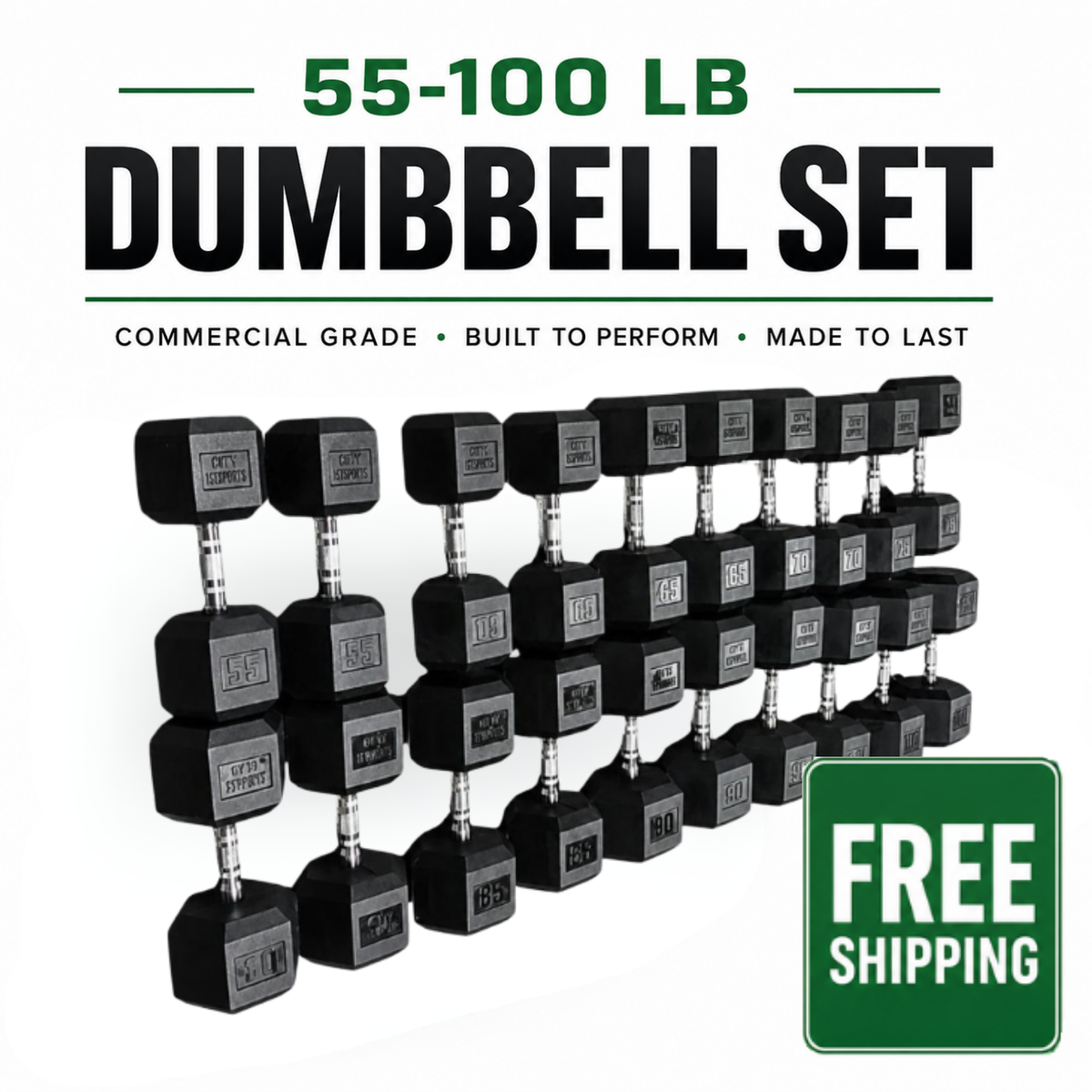 | FREE NATIONWIDE SHIPPING| NEW Hammer Clad Premium Rubber Hex Dumbbell Set 55–100 lb Set