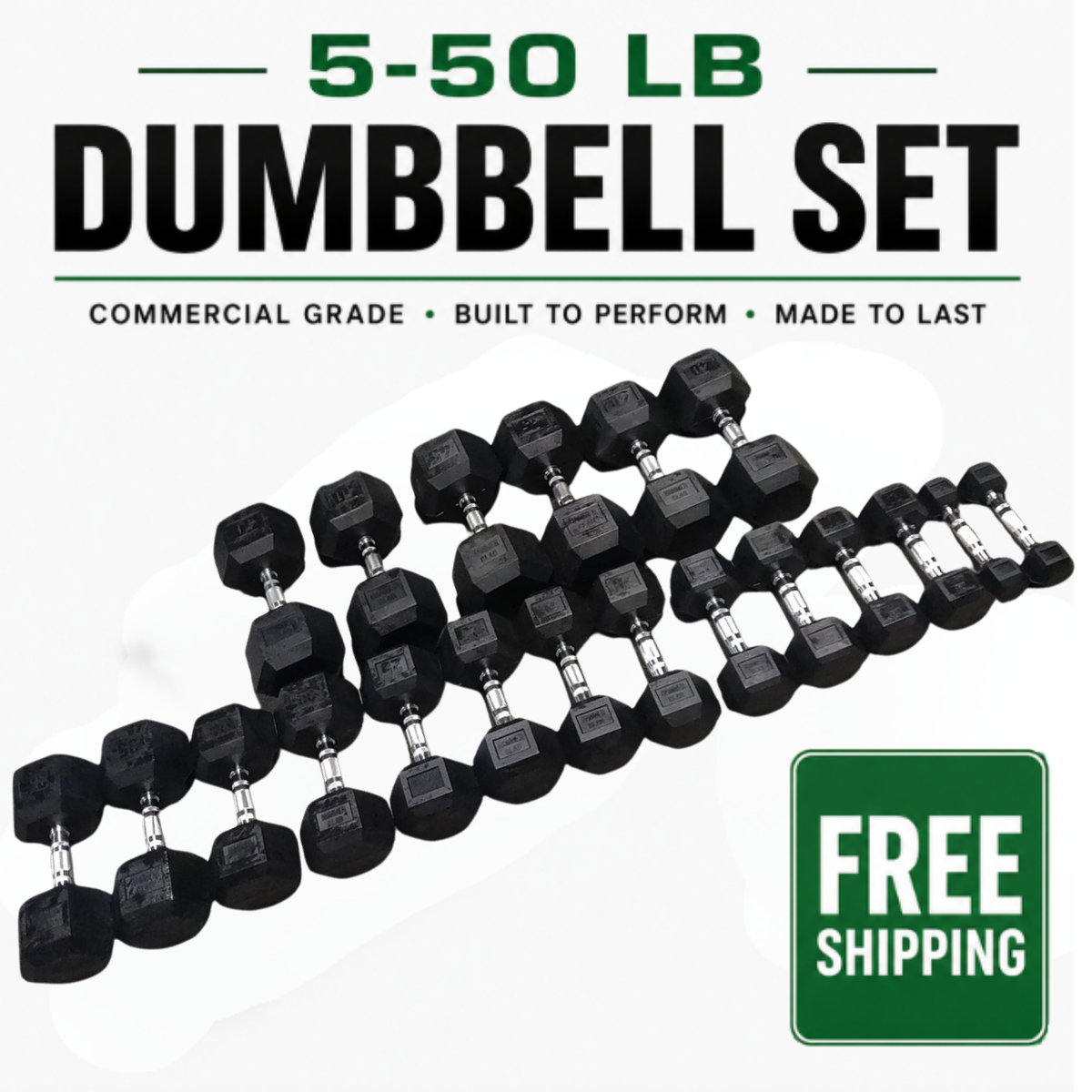 |Free Nationwide Shipping| NEW Hammer Clad Premium Rubber Hex Dumbbells 5–50 lb Set