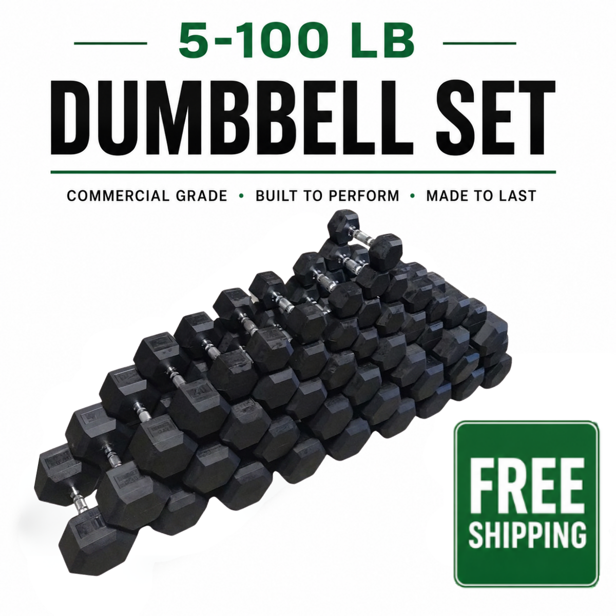 |Free Nationwide Shipping| NEW Hammer Clad Premium Rubber Hex Dumbbells 5–100 lb Set
