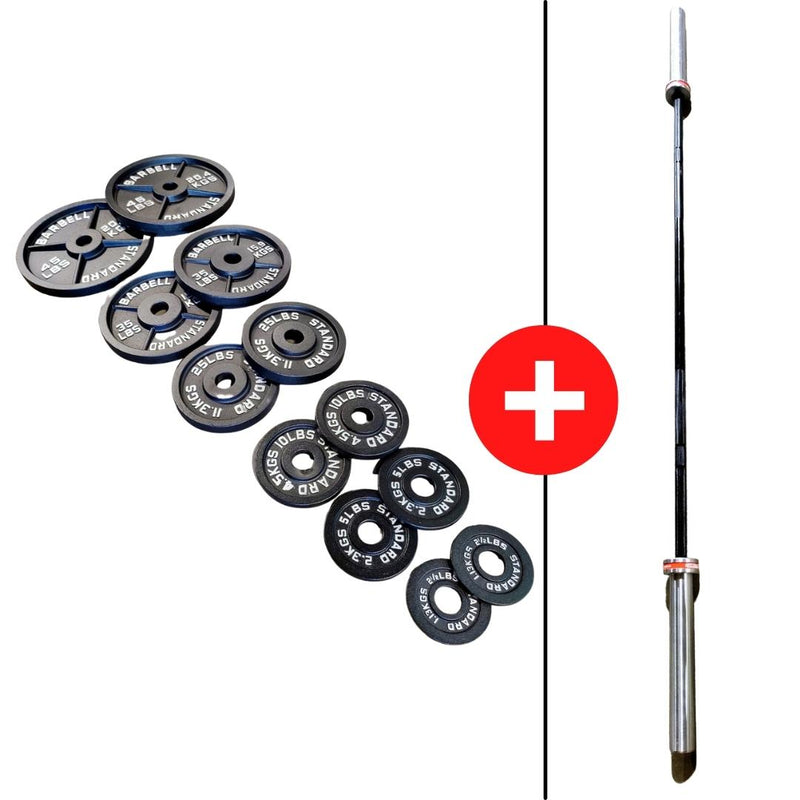 Essentials Olympic Plate Barbell Packages 245lbs with Commercial Women's 15kg/35lb Barbell