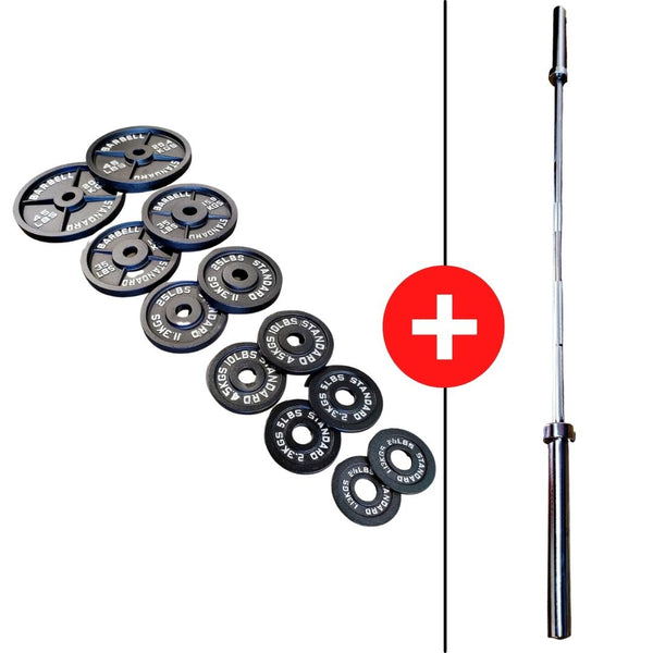 Essentials Olympic Plate Barbell Packages 245lbs with NEW Basic Chrome 45lb Barbell
