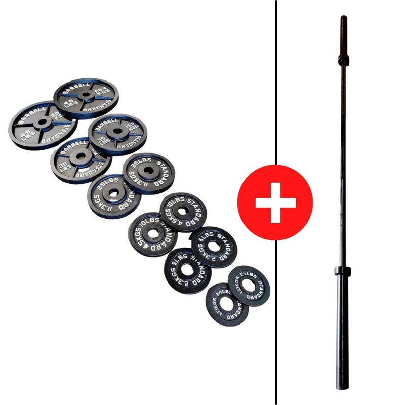 Essentials Olympic Plate Barbell Packages 245lbs with NEW FringeSport WonderBar 20kg/45lb