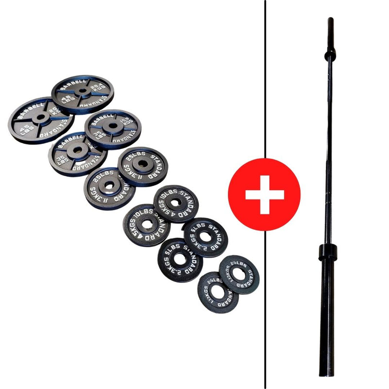 Essentials Olympic Plate Barbell Packages 245lbs with NEW Midwest Power Bar (Blem) 45lb Barbell
