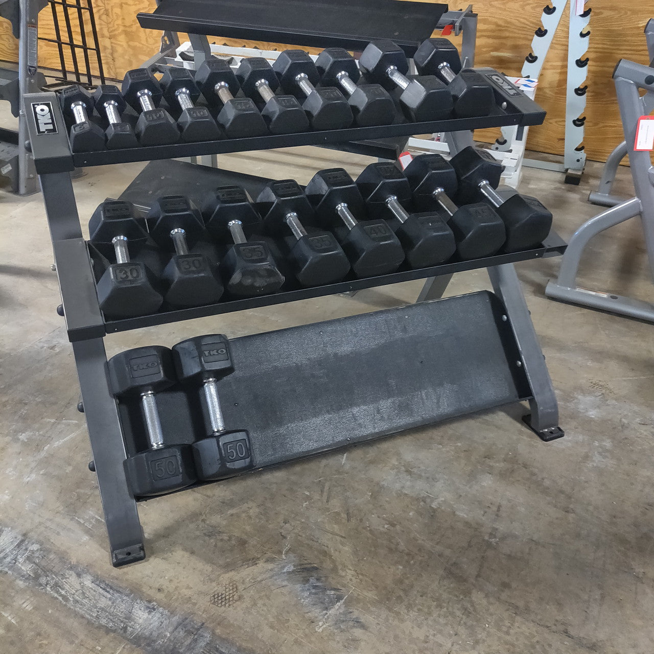 TKO 5-50 Dumbbell Set w/ Three Tier Horizontal Dumbbell Rack