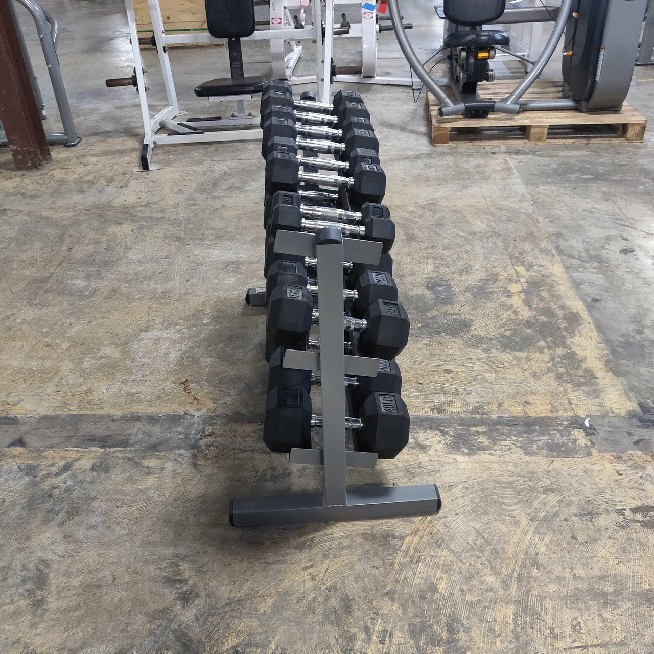 5–50 lb Rubber Hex Dumbbell Set w/ Three-Tier Dumbbell Rack