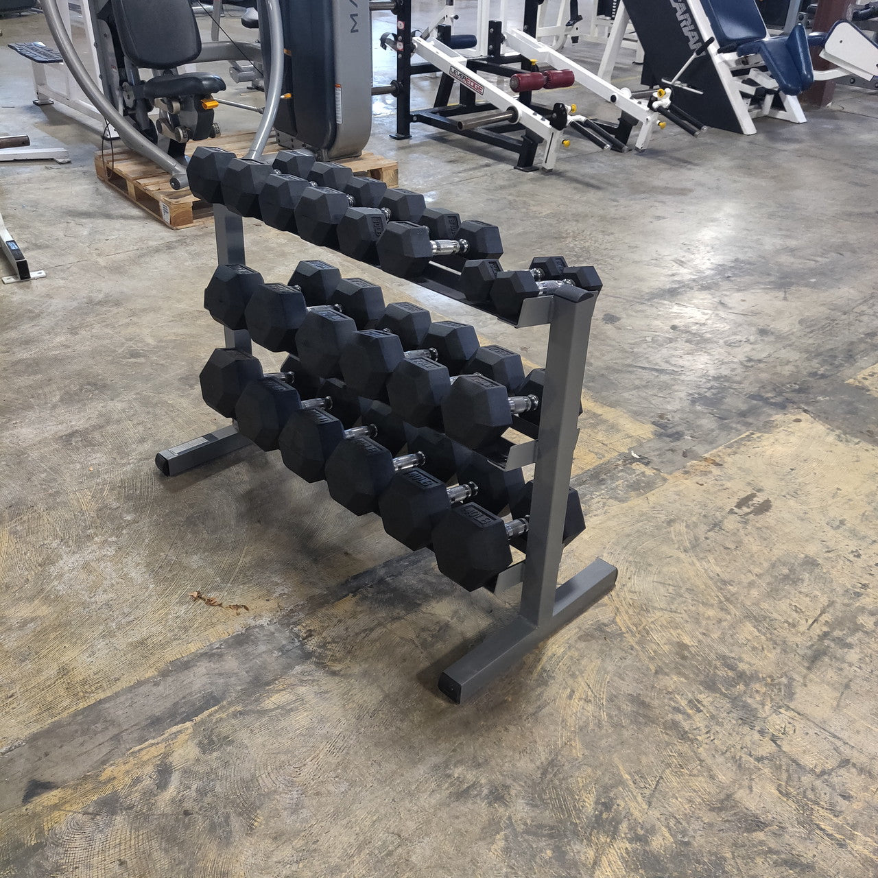 5–50 lb Rubber Hex Dumbbell Set w/ Three-Tier Dumbbell Rack
