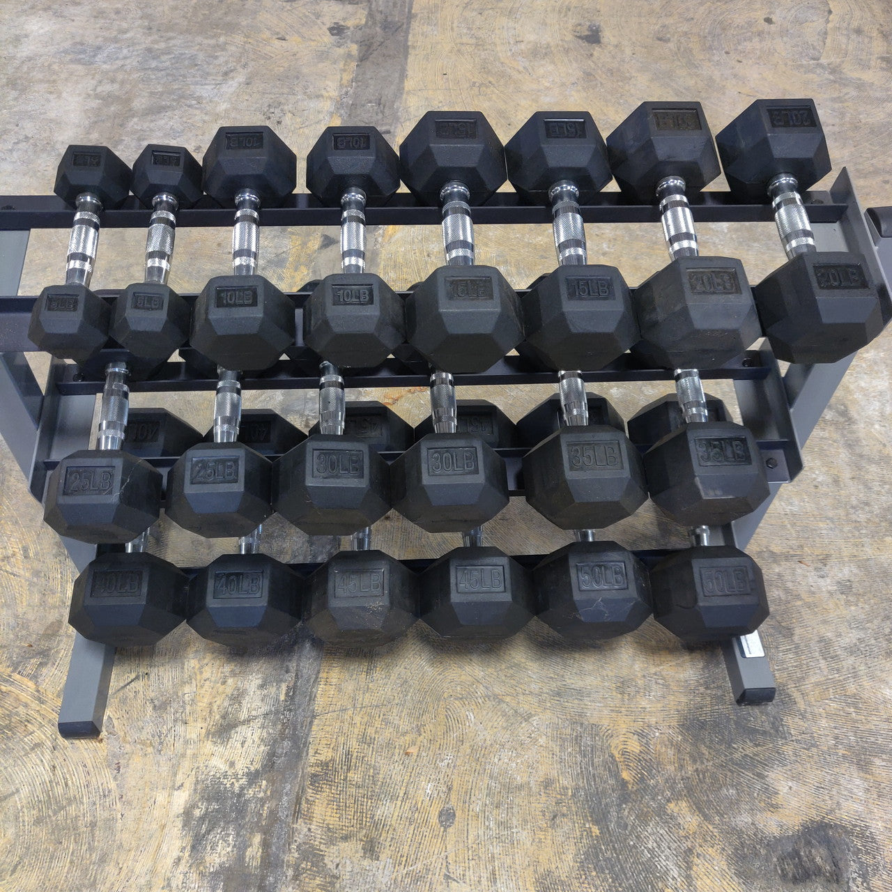 5–50 lb Rubber Hex Dumbbell Set w/ Three-Tier Dumbbell Rack