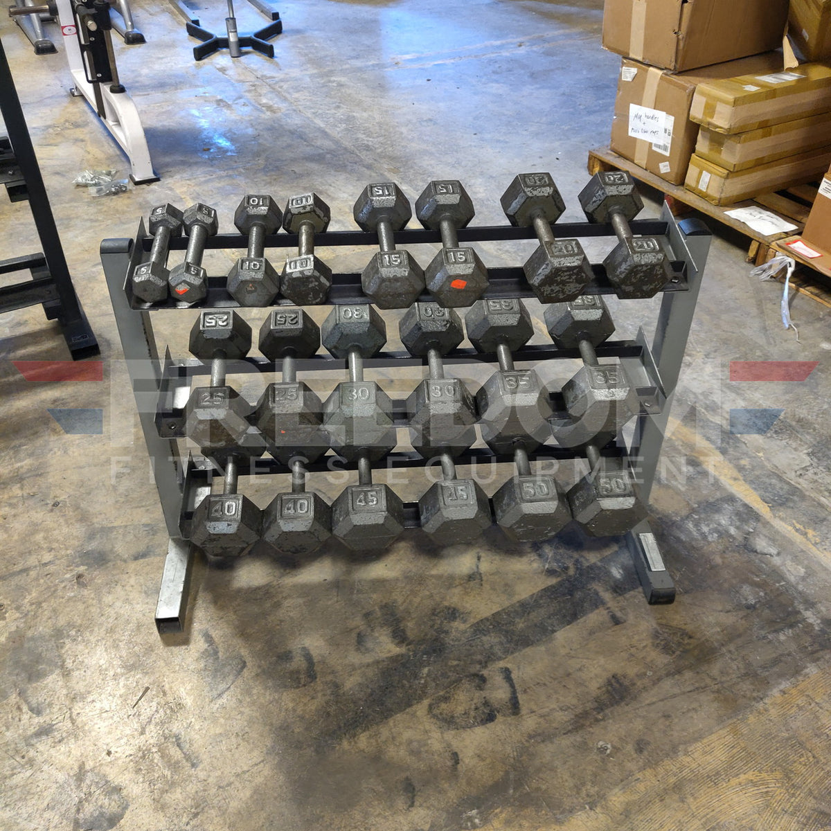 5–50 lb Steel Hex Dumbbell Set w/ Storage Rack (Need Dims)