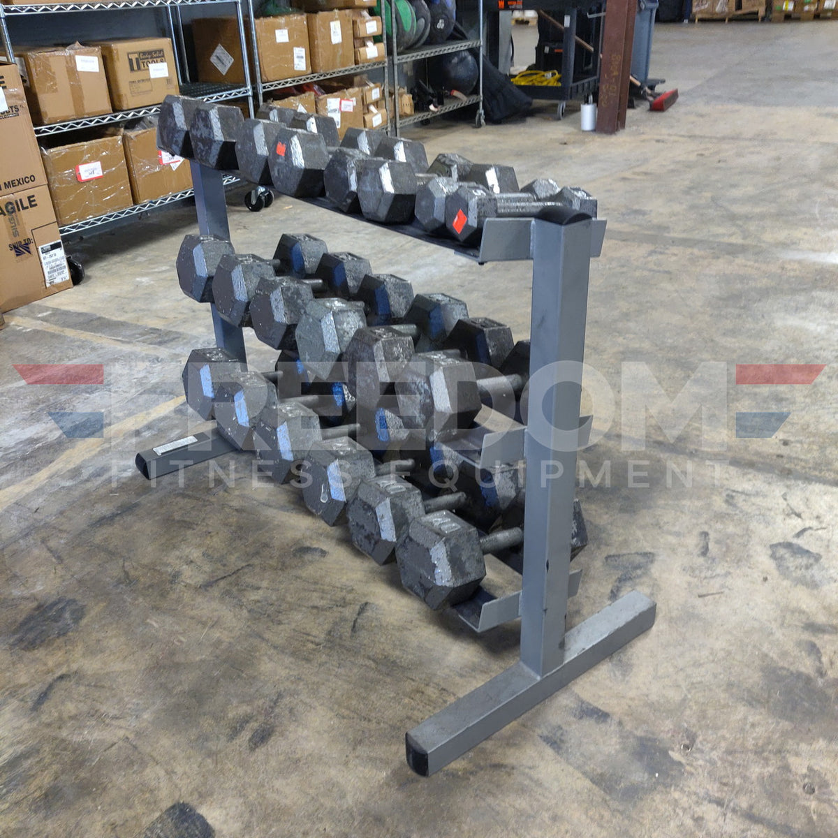 5–50 lb Steel Hex Dumbbell Set w/ Storage Rack (Need Dims)