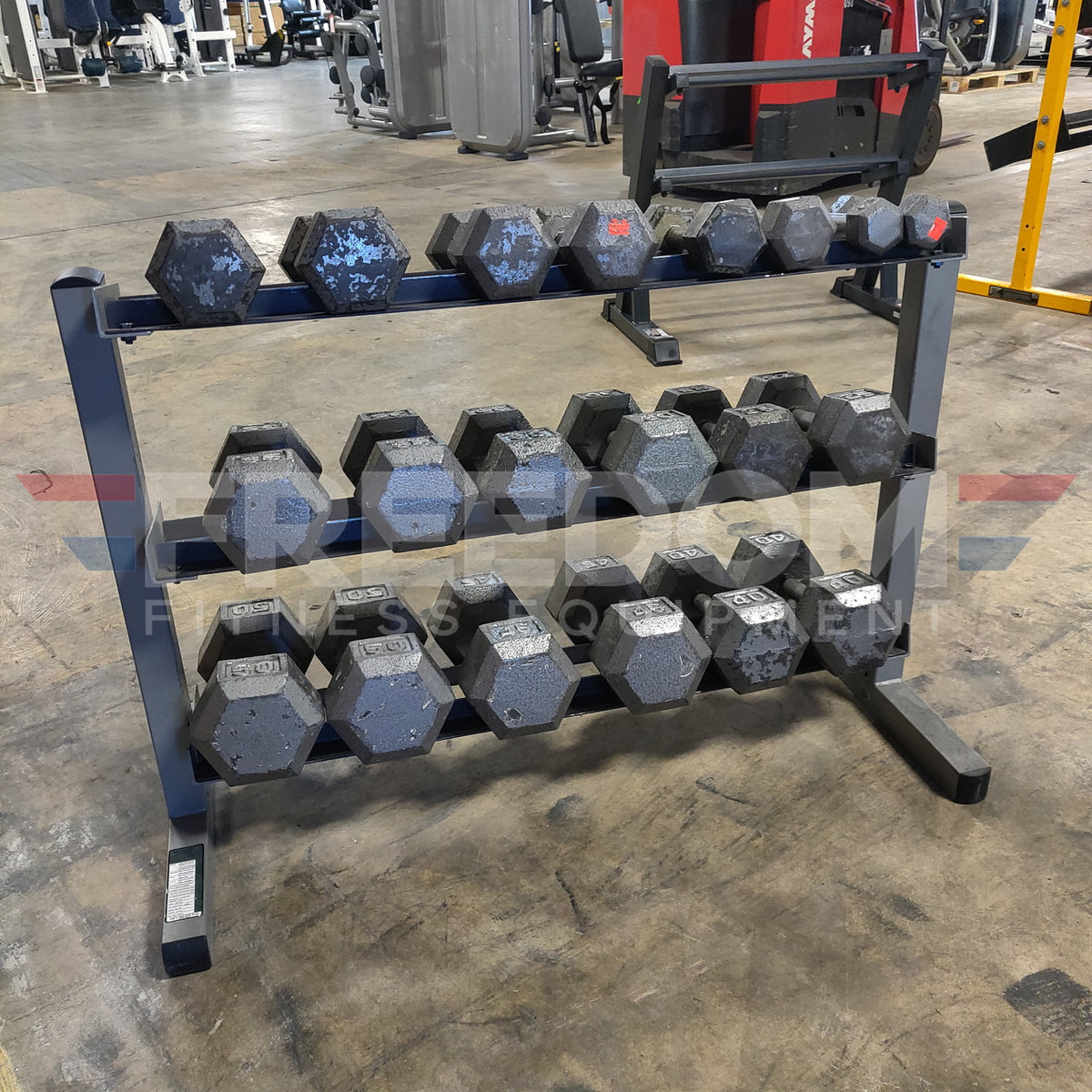 5–50 lb Steel Hex Dumbbell Set w/ Storage Rack (Need Dims)