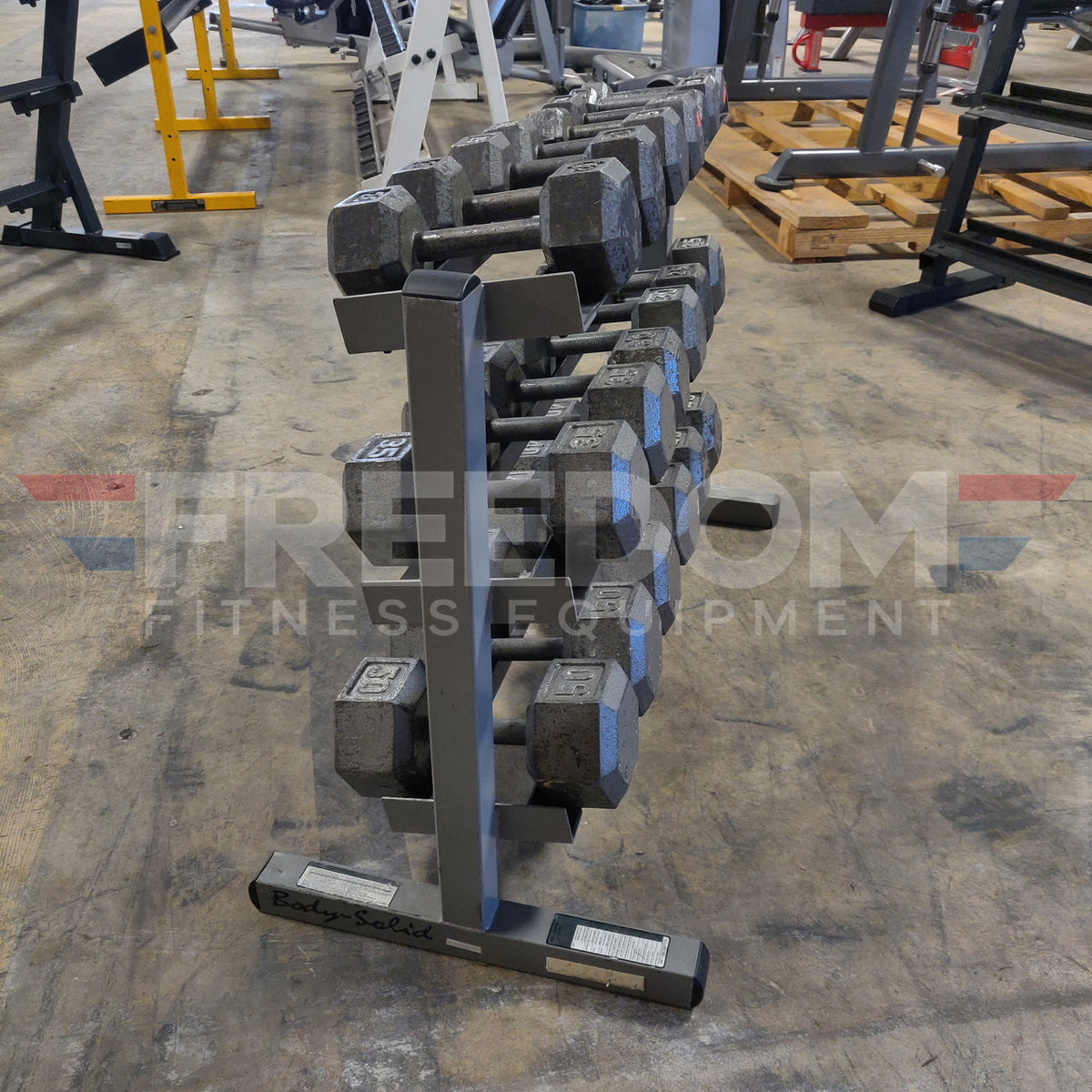 5–50 lb Steel Hex Dumbbell Set w/ Storage Rack (Need Dims)