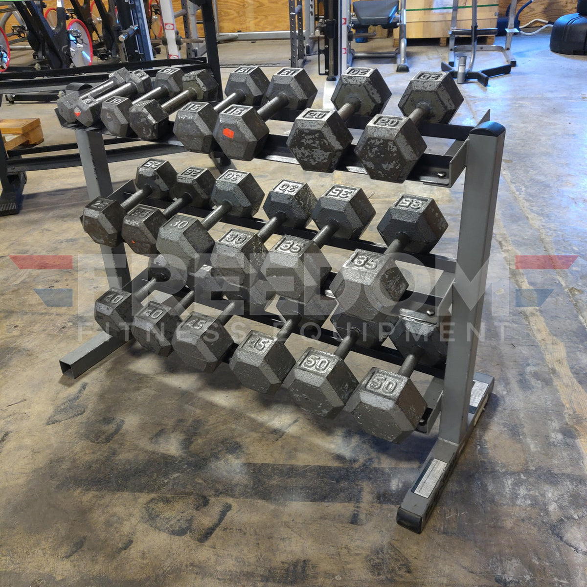 5–50 lb Steel Hex Dumbbell Set w/ Storage Rack (Need Dims)