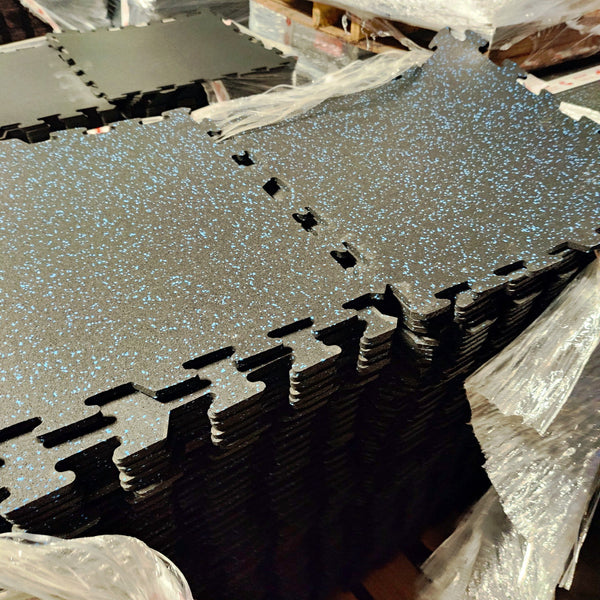 Premium 3/8" Rubber Floor Tiles and Gym Tile Flooring Interlock (Blem) Blue Fleck