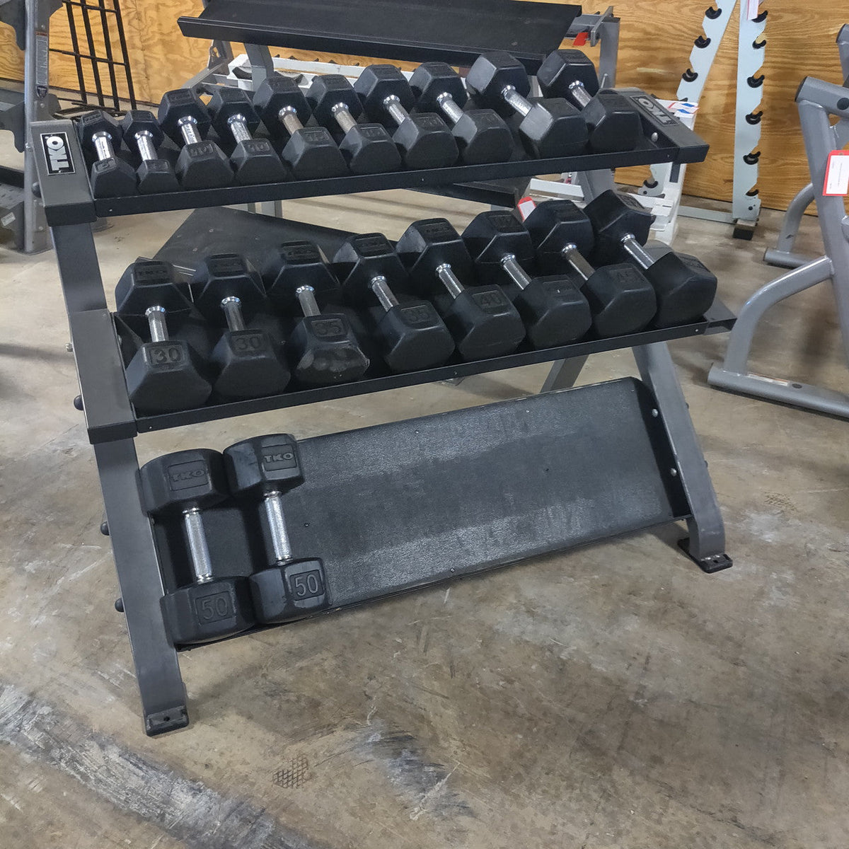 TKO 5-50 Dumbbell Set w/ Three Tier Horizontal Dumbbell Rack