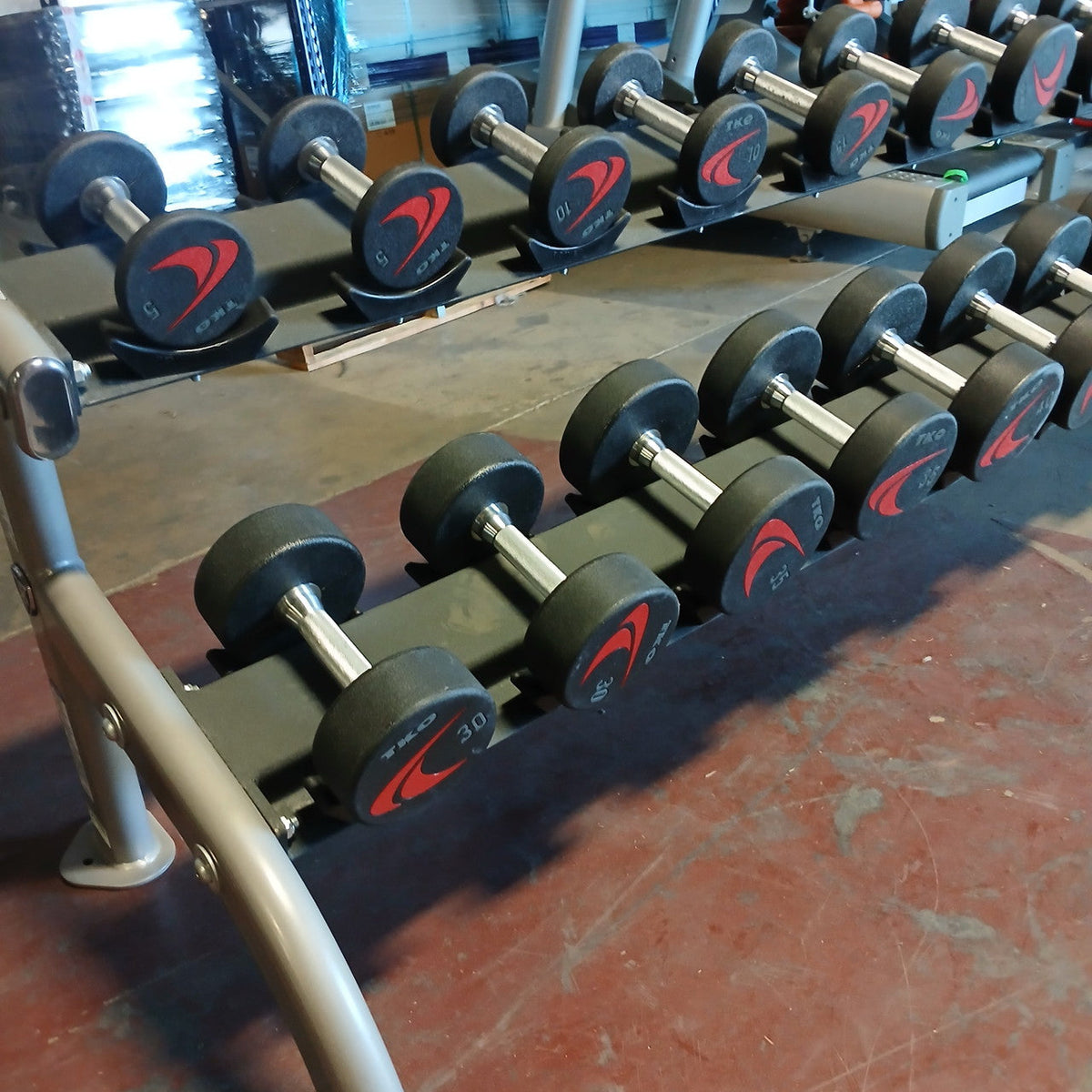 TKO 5-50 lb Signature Urethane Dumbbell Set w/ 2 Tier Pro Style Dumbbell Rack
