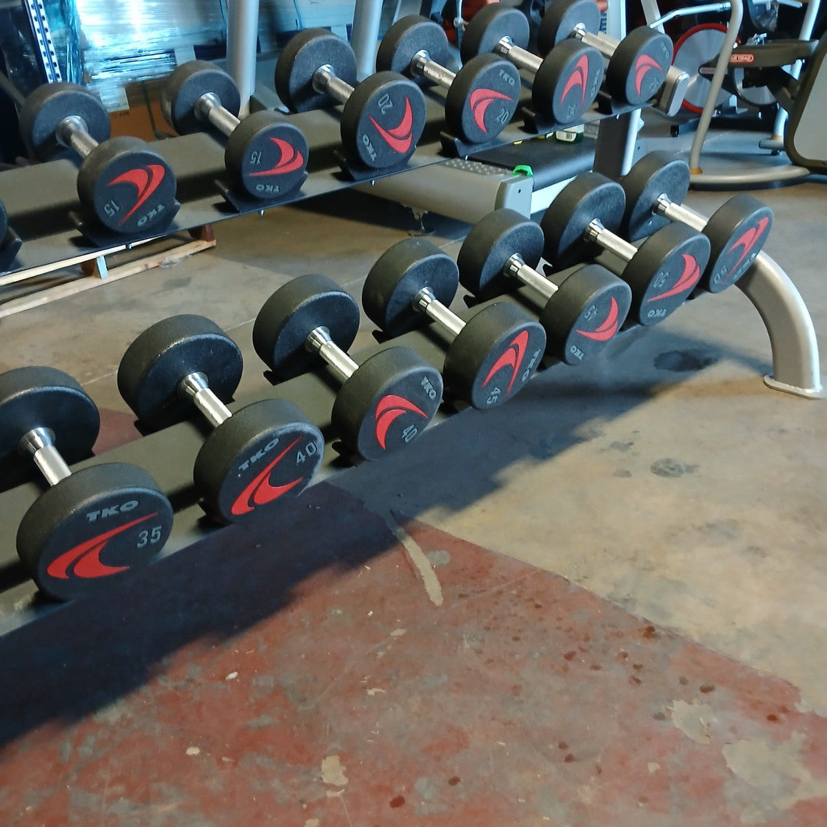 TKO 5-50 lb Signature Urethane Dumbbell Set w/ 2 Tier Pro Style Dumbbell Rack