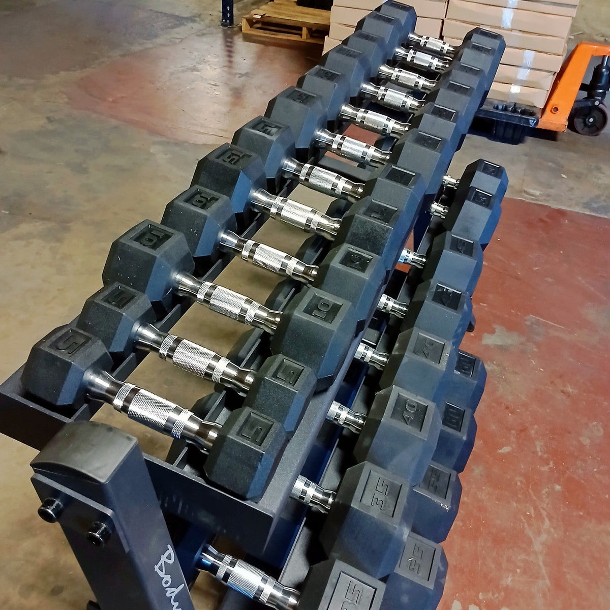 Used Rubber Hex Dumbbells HEAVY DUTY Commercial Grade 5-60 Set WITH 3 tier Rack
