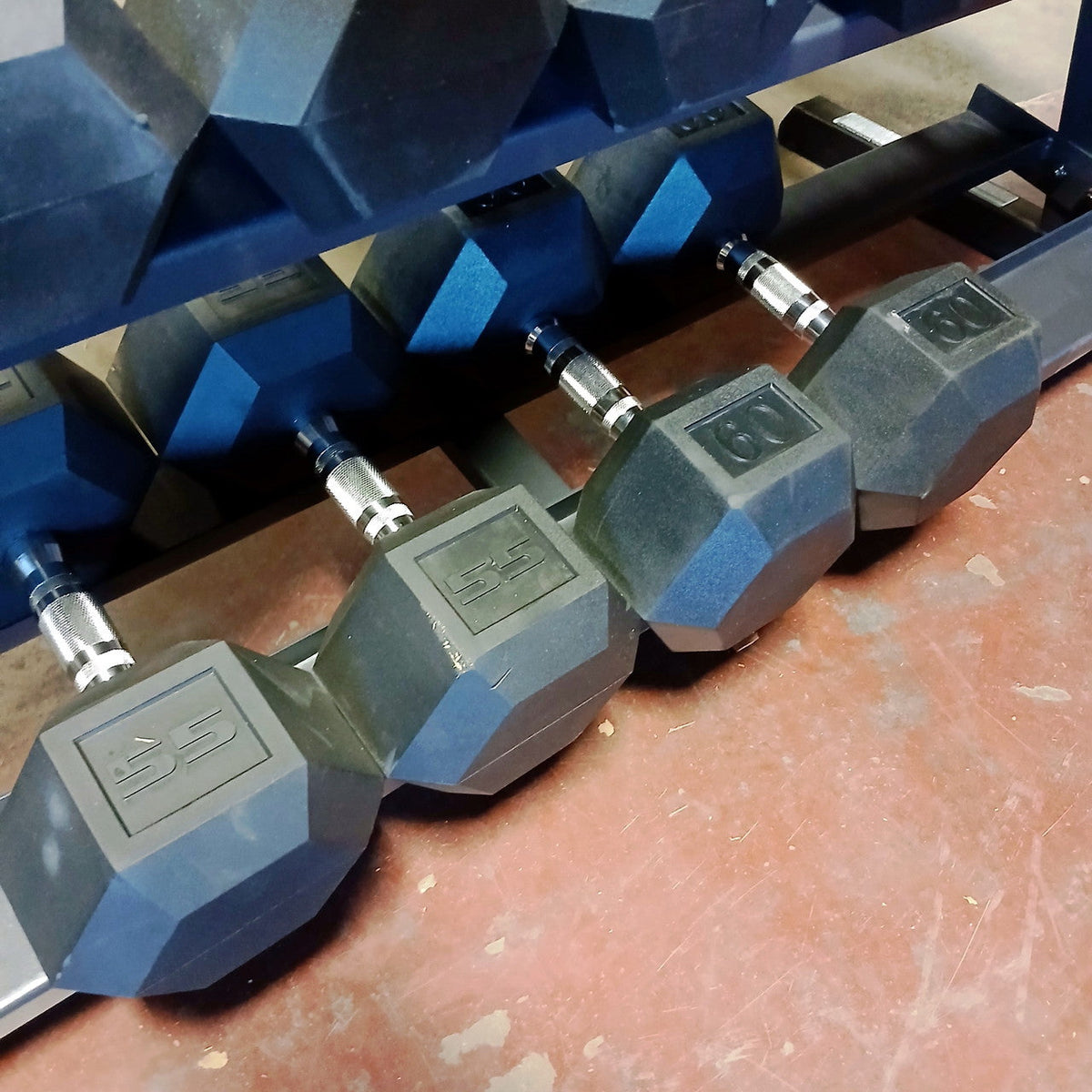 Used Rubber Hex Dumbbells HEAVY DUTY Commercial Grade 5-60 Set WITH 3 tier Rack
