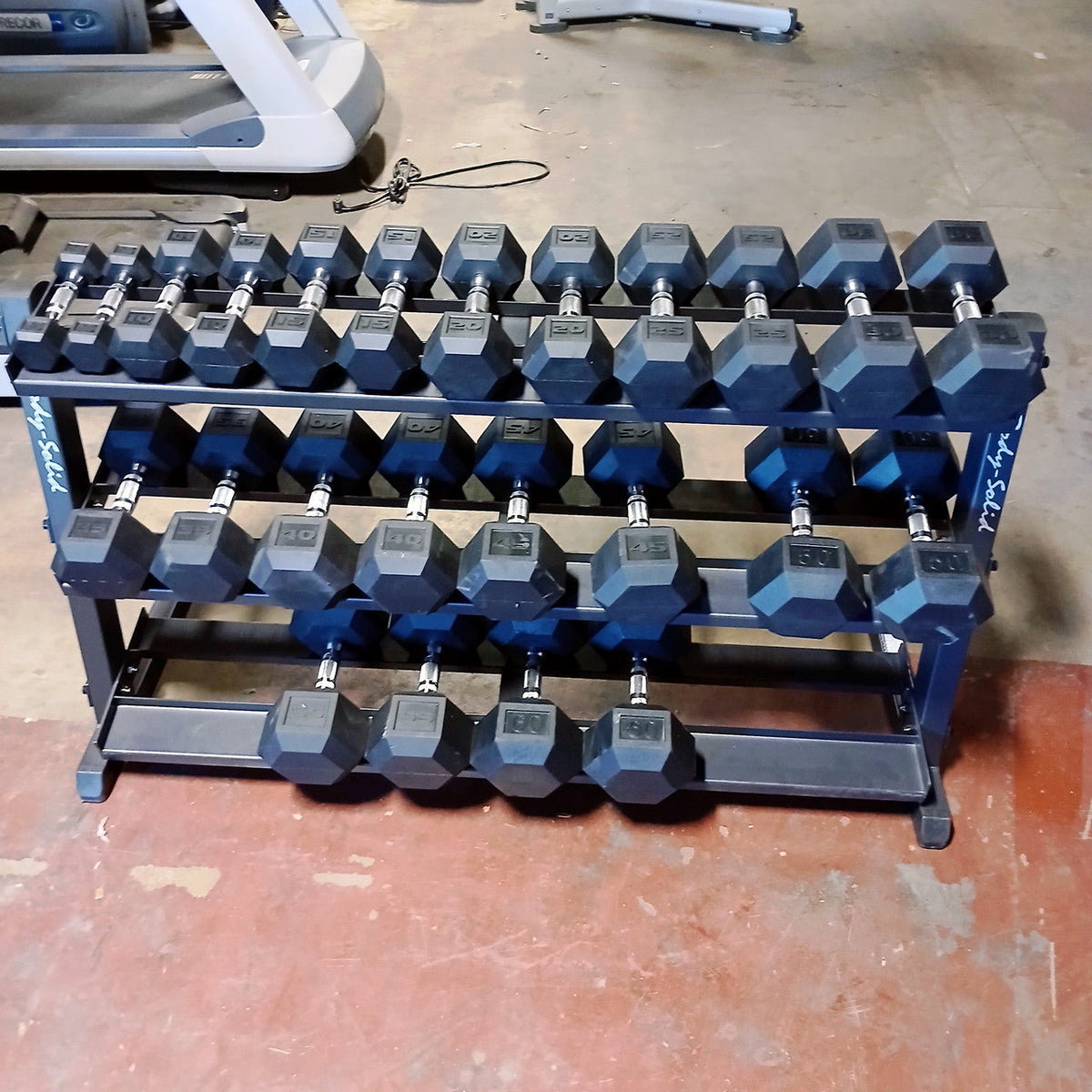 Used Rubber Hex Dumbbells HEAVY DUTY Commercial Grade 5-60 Set WITH 3 tier Rack