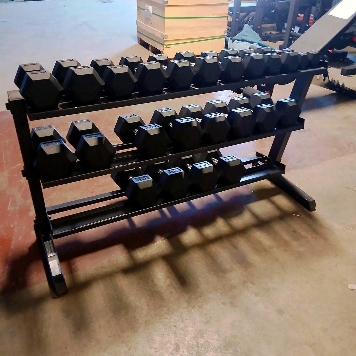 Used Rubber Hex Dumbbells HEAVY DUTY Commercial Grade 5-60 Set WITH 3 tier Rack